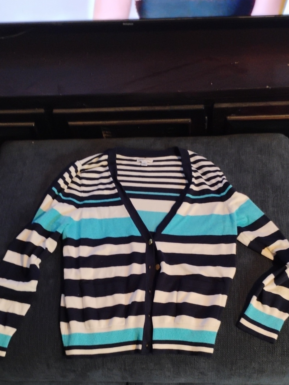 croft & barrow Navy, White & Teal Striped V-Neck Button Cardigan